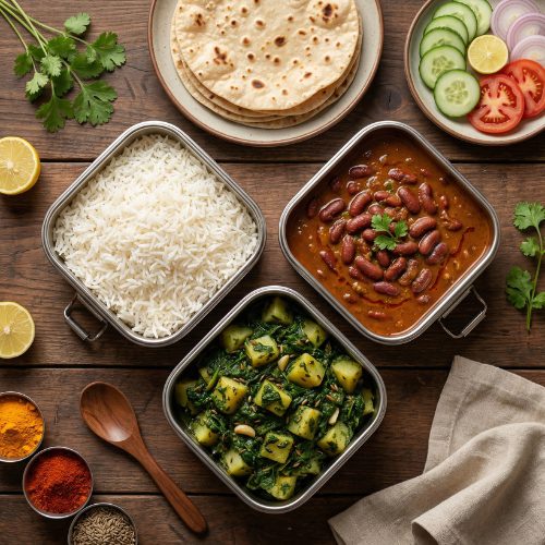 Rajma Meal with Rice, Roti, Aloo Saag Sabji & Salad