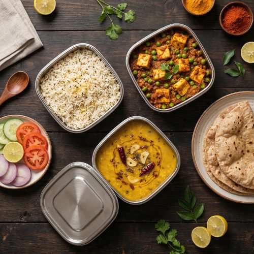 Matar Paneer Masala & Dal Meal with Jeera Rice, Roti & Salad