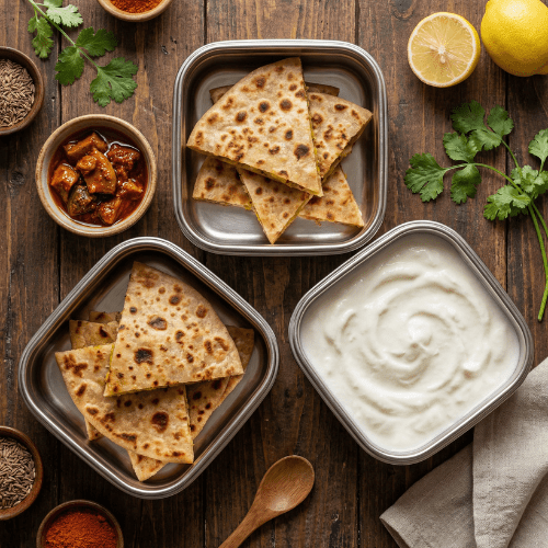 Aloo & Gobhi Paratha Meal with Curd, Pickle & Sweet Sawai