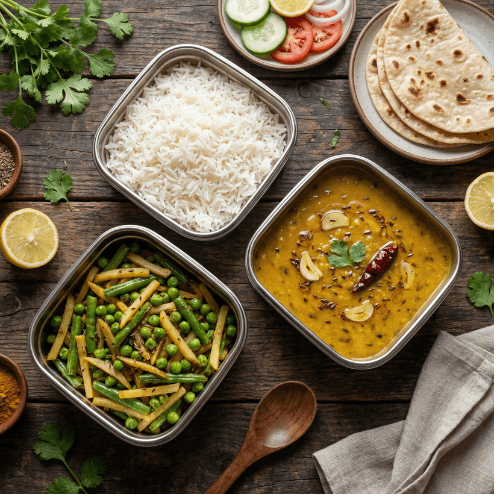 Beans Aloo Matar Bhujiya & Dal Fry Meal with Roti, Rice & Salad