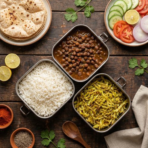 Kala Chana Meal with Rice, Roti, Cabbage Sabji & Salad