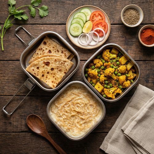 Paratha & Gobi Aloo Matar Sabji Meal with Sweet Sawai