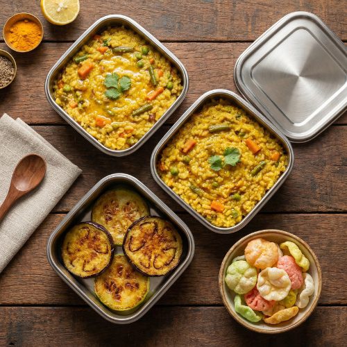 Masala Khichdi with mixed Veggies, Baigan/Lauki Bhaja & Papad