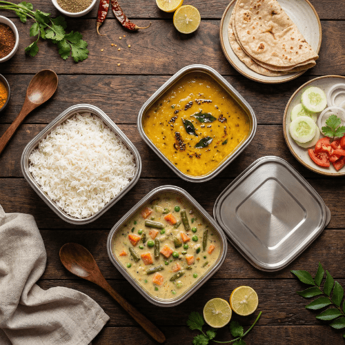 Veg Kurma Meal with Roti, Rice, Dal Fry & Salad