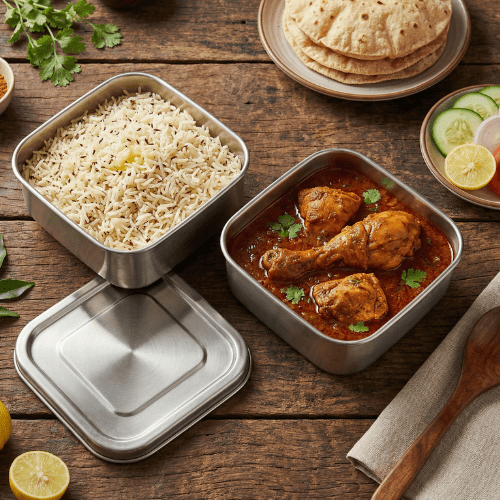 Chicken Masala Meal with Jeera Rice, Roti & Salad