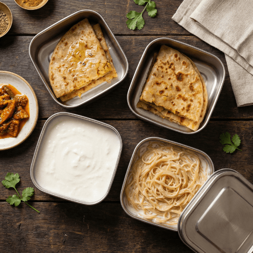 Aloo & Gobhi Paratha Meal with Curd, Pickle & Sweet Sawai