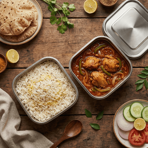 Kadai Chicken Meal with Jeera Rice, Roti & Salad