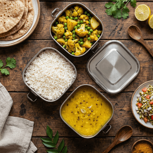 Gobhi Aloo Matar Meal with Roti, Rice & Sprouts Salad