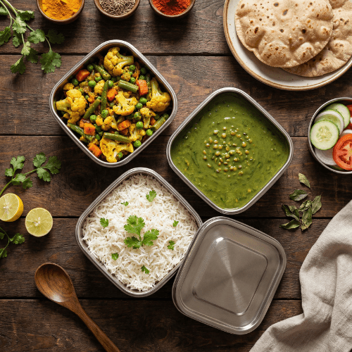 Mixed Veg Sabji and Palak Dal Meal with Roti, Rice & Salad