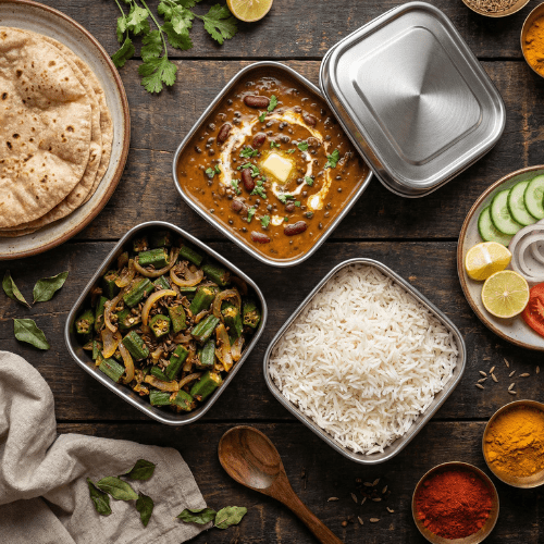 Dal Makhani and Bhindi Masala Meal with Roti & Rice