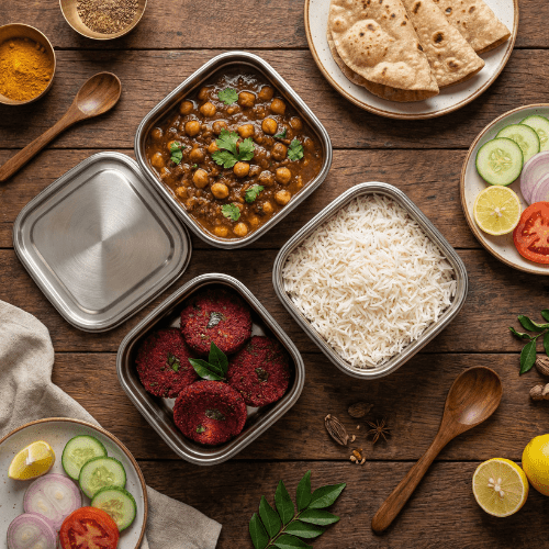 Chole Meal with Beetroot Cutlet, Roti, Rice & Salad