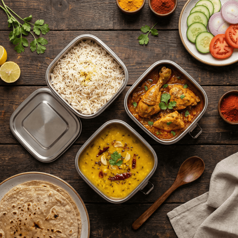 Affordable home-style tiffin meals served in steel containers